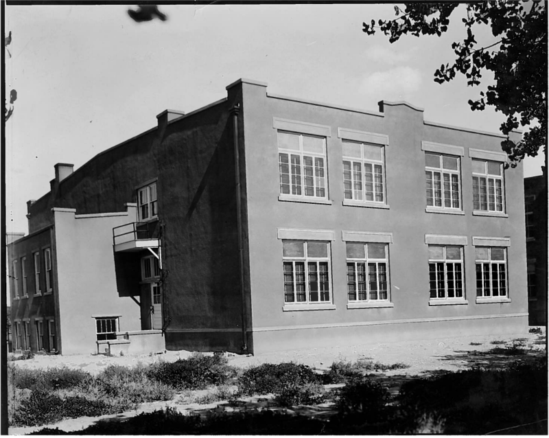 Black and white photo of the elementary auditorium circa 1940s